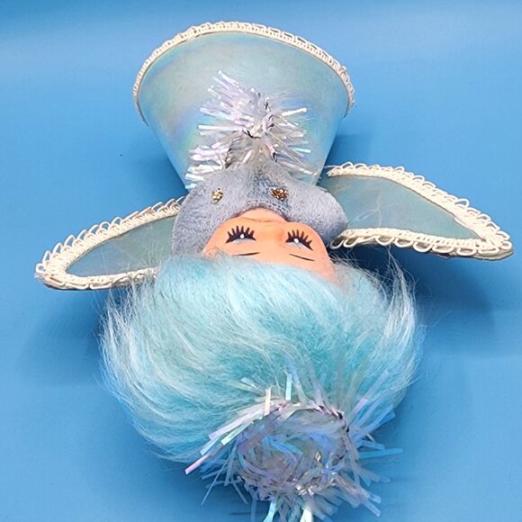 Vintage 1960s Blue Hair Angel Tree Topper Iridescent Gown Tinsel Halo Retro Xmas - Picture 9 of 12